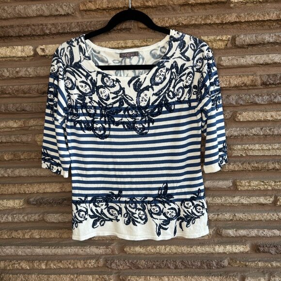 Metric Blue Striped Scroll Floral Sweater Size Large - Picture 8 of 9